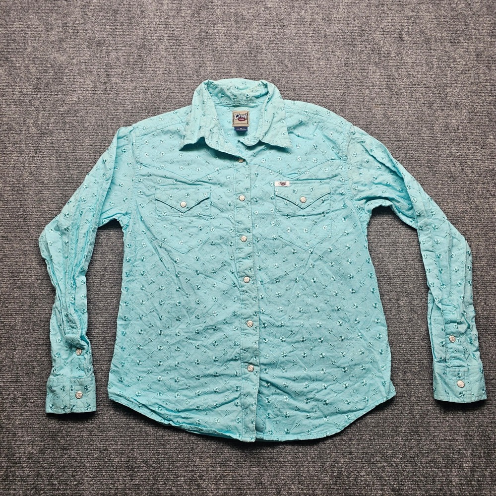Cruel Girl Western Snap Shirt Turquoise Blue Eyelet Floral Cotton Womens Medium